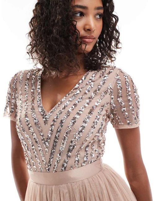 Maya Natural Belted Stripe Embellished Bridesmaid Maxi Dress