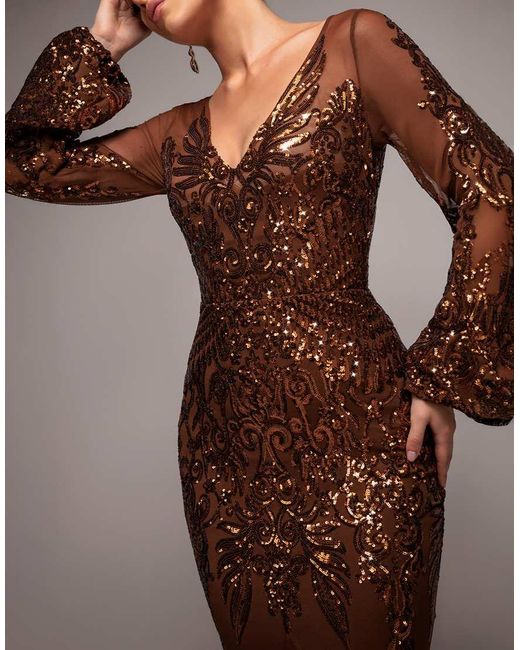 Goddiva Brown Embellished Sequin Bishop Sleeve Maxi Dress