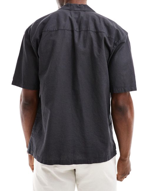 Pull&Bear Black Linen Look Revere Neck Shirt for men
