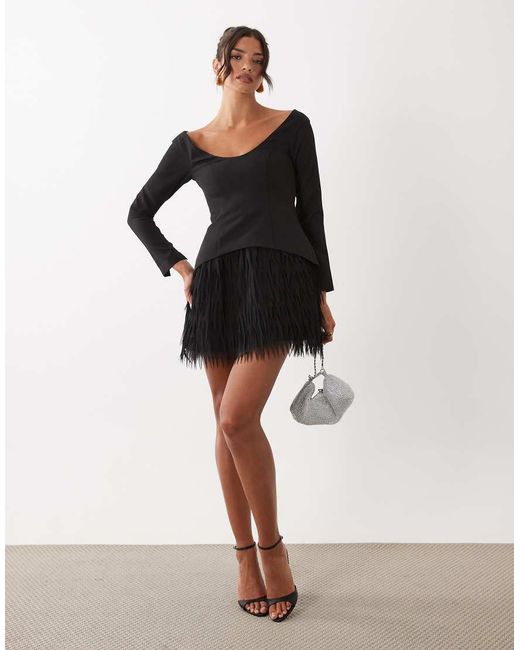ASOS Black Structured Long Sleeve Mini Dress With Fringe Skirt