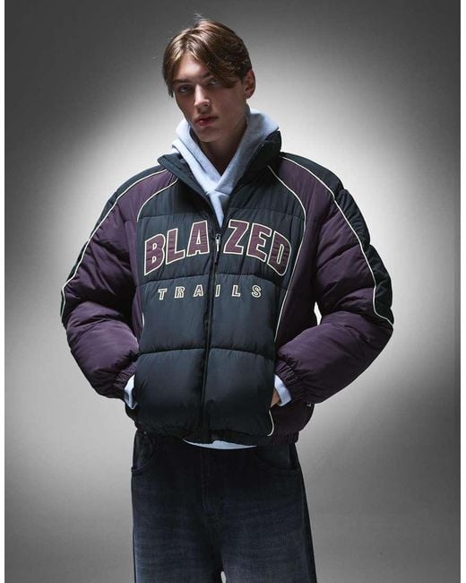 Bershka Blue Print Puffer Jacket for men