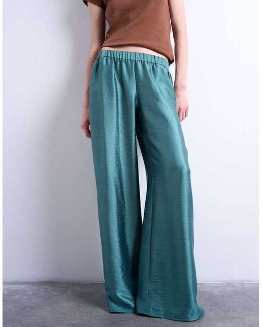 TOPSHOP Blue Textured Satin Low Rise Straight Leg Trouser