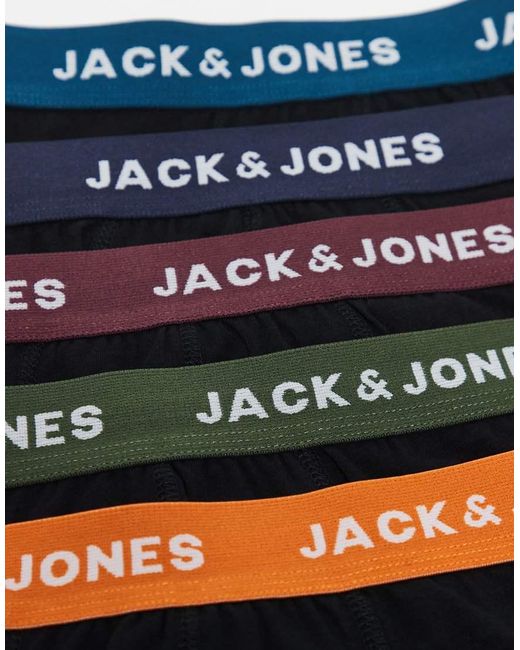 Jack & Jones Black 5 Pack Trunks With Coloured Waistbands for men