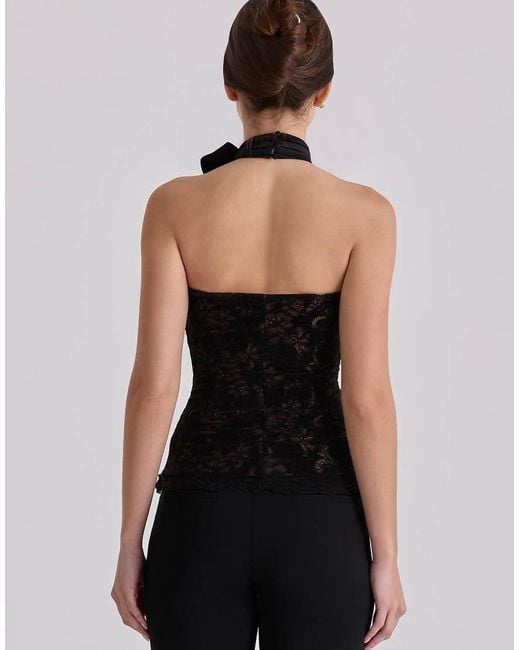 House Of Cb Black Natalya Lace High Neck Top With Detachable Bow