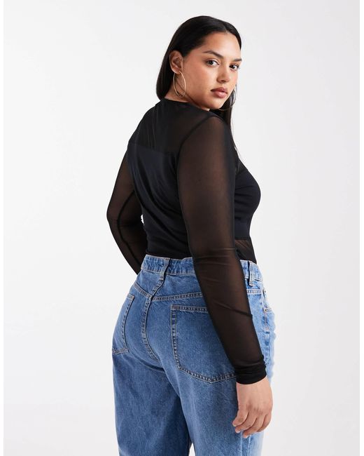 ASOS Black Asos Design Curve Mesh Mix Mesh Panel Long Sleeve Bodysuit