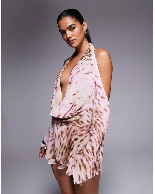 I.AM.GIA Multicolor Rosanna Georgette Chiffon Plunge Cowl Neck Fluted Sleeve Mini Dress