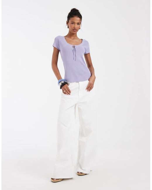 & Other Stories White Short Sleeve T-shirt With Low Neckline And Bow Detail