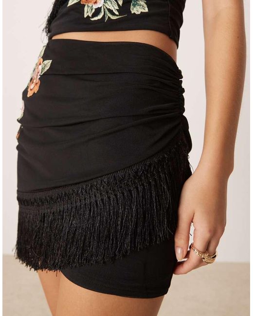ASOS Natural Embroidered Fringed Wrap Mini Skirt