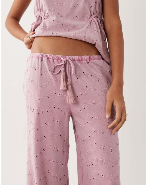 ASOS Pink Wide Leg Drawcord Tassel Detail Jersey Broderie Co-ord Trouser