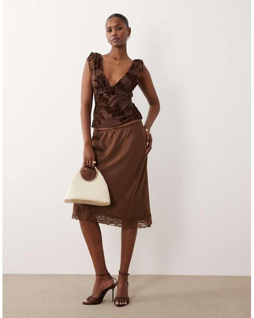 ASOS Brown Flocked Cami Top With Picot Trim And Seam Detail