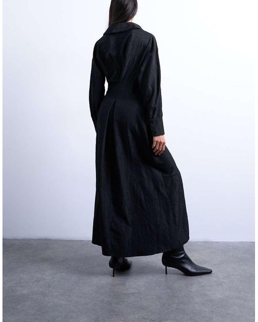 TOPSHOP Midi-Overhemdjurk Met Open Kraag, Rimpeleffect En Lange Mouwen in het Blue