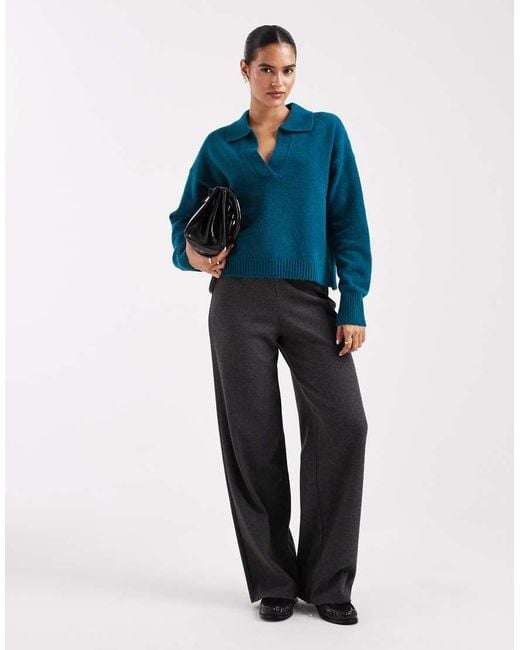 Monki Blue Long Sleeve Collar Polo Knitted Jumper