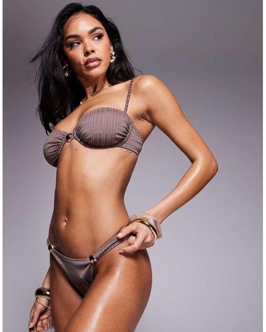 ASOS Brown Tayla Tanga Bikini Bottom With Gold Bead Trim