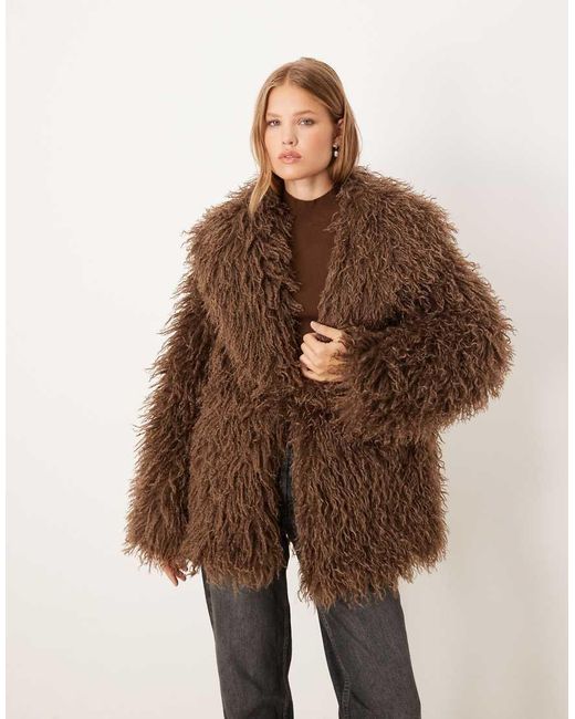 Brave Soul Brown Longline Mongolian Faux Fur Jacket