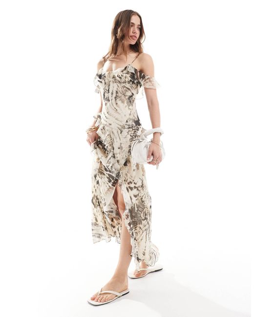 Mango Natural Mixed Animal Bardot Midi Dress