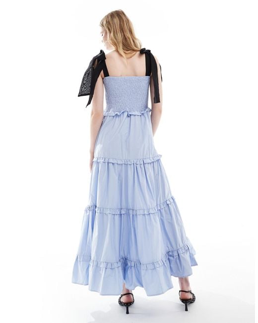 Sister Jane Blue Dream Bow Shoulder Ruffle Midi Dress