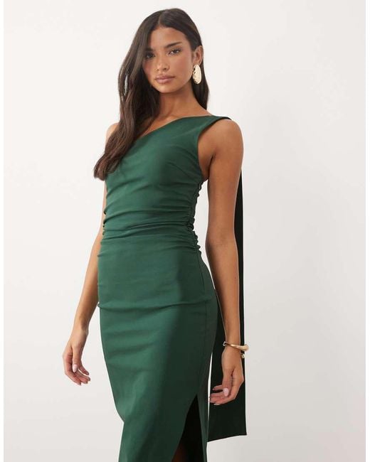 TFNC London Green Bengaline One Shoulder Draped Maxi Dress