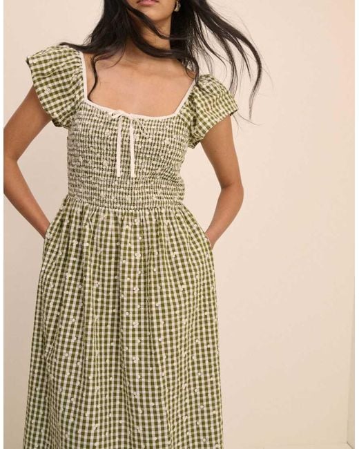 Nobody's Child Natural Gingham Embroidered Shirred Mindy Midi Dress