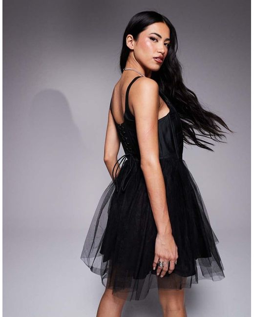LACE & BEADS Corset Drop Waist Tulle Mini Dress in Black | Lyst UK