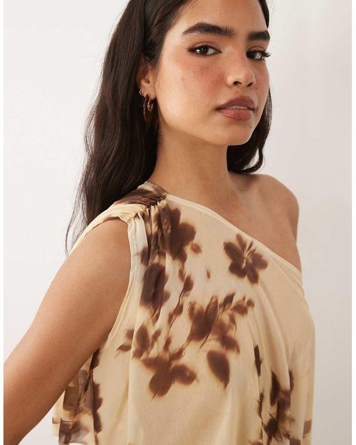 ASOS Natural Co-ord Printed Stretch Chiffon Asymmetric Cape Top