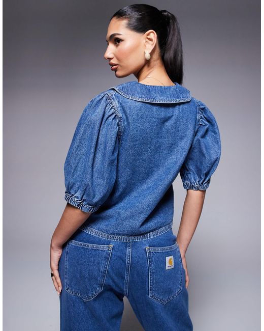 River Island Blue Denim Puff Sleeve Top