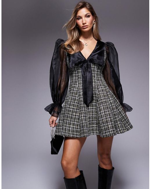 ASOS Gray Glitter Boucle Dress With Organza Collar