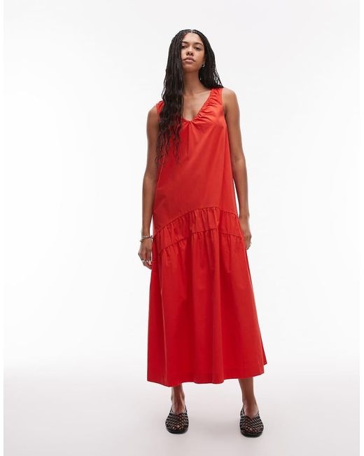 TOPSHOP Midaxi Jurk Van Zware Popeline Met Verlaagde Taille in het Red