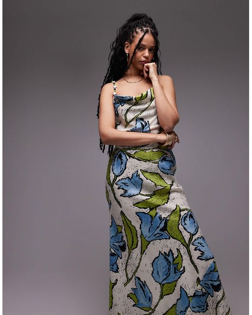 Robe nuisette mi-longue à col bénitier et perles aux bretelles - bleu fleuri TOPSHOP en coloris Gray