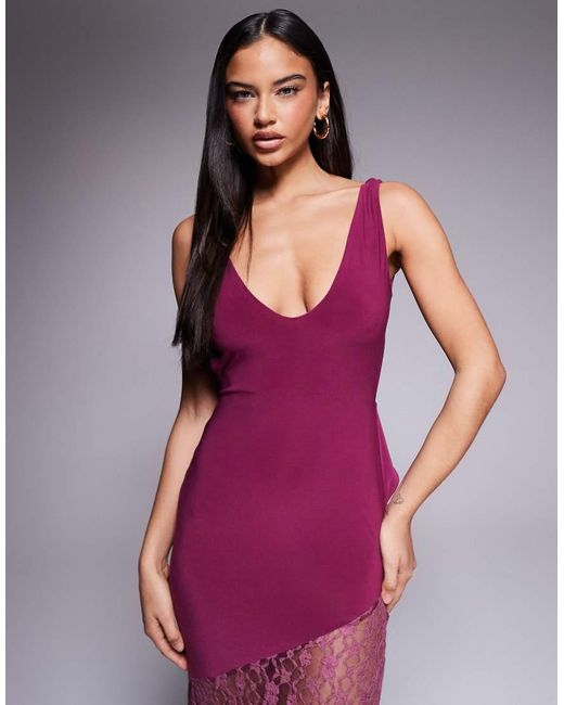 ASOS Purple Lace Mix Slinky Plunge Maxi Dress