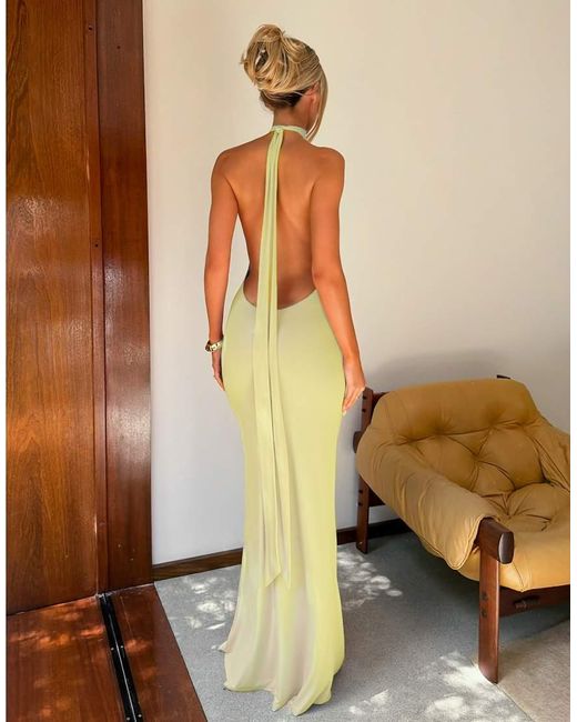 Tiger Mist Yellow X Em Venz Maddy High Racer Halterneck Open Back Drape Detail Maxi Dress