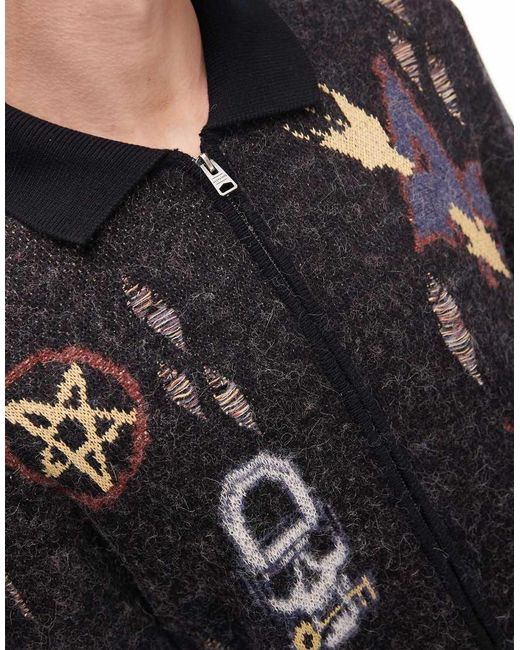 AllSaints Blue Meller Zip Up Embroidered Knit Cardigan for men