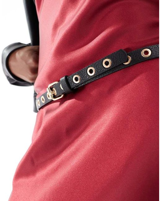 Pieces Red Leather Look Eyelet Slim Belt