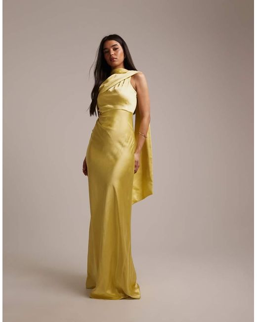 Six Stories Yellow Bridesmaids Satin Drape One Shoulder Maxi Dress