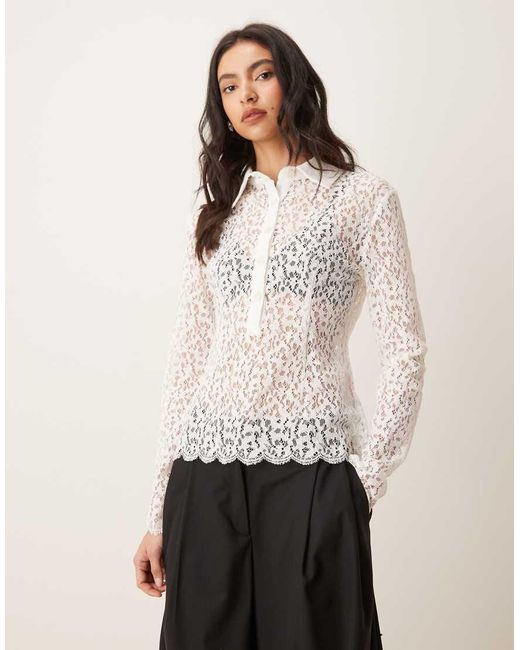 Ghospell Natural Cotton Blend Open Knit Lace Button Up Scallop Edge Shirt