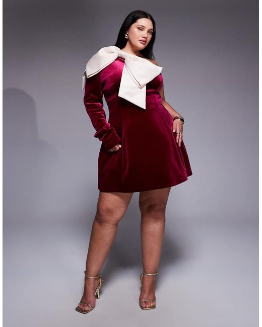 ASOS Red Curve One Shoulder Velvet Mini Dress With Bow Detail