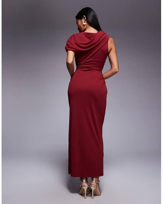 Forever New Red Petite Mesh Ruched Cape Shoulder Detail Midi Dress