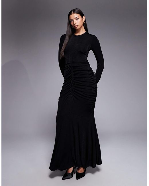 DASKA High Neck Ruched Body Maxi Dress in Black | Lyst