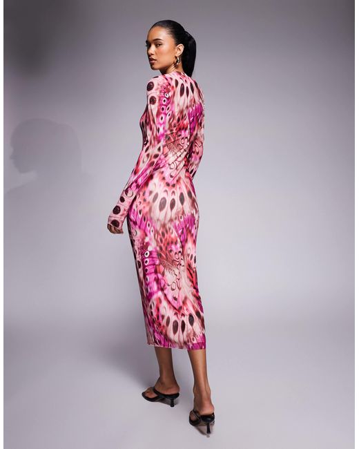AFRM Pink – langärmliges midaxikleid aus netzstoff mit beeren-schmetterlingsprint
