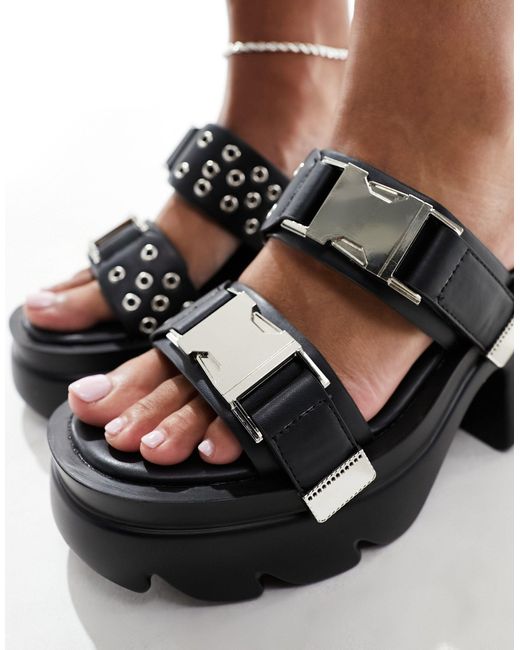 Public Desire Black Yuki Chunky Sandal With Western Hardware