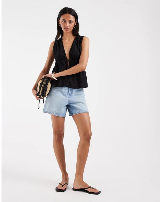 ONLY Black Tie Front Embroidery Top