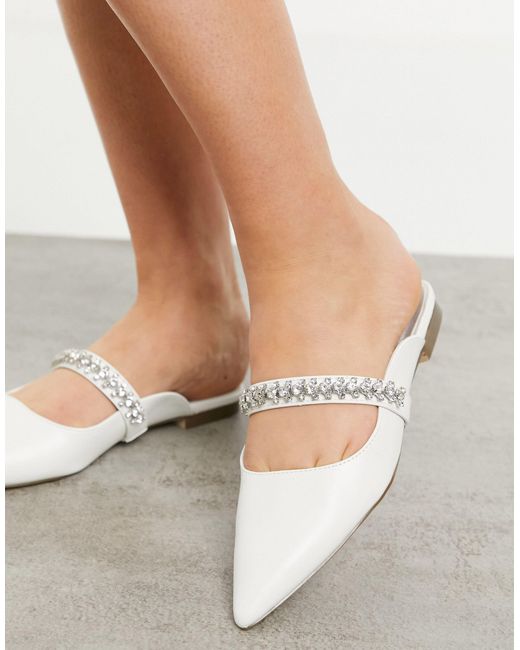 London Rebel White Bridal Pointed Flat Mules With Embellishment