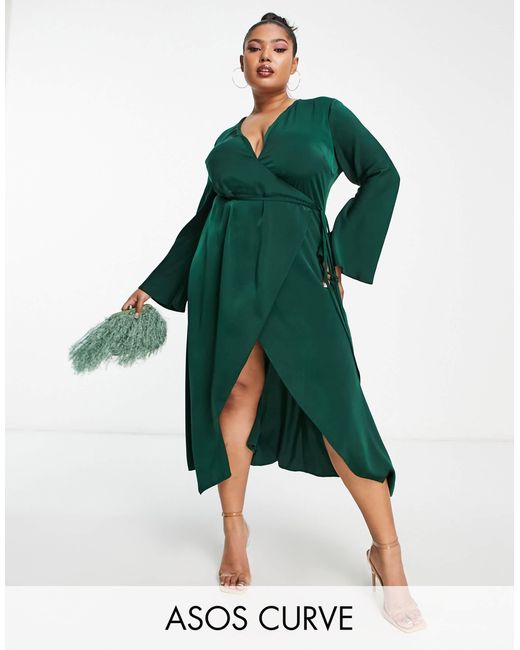 ASOS Green Asos Design Curve Bias Cut Satin Wrap Dress With Tie Waist