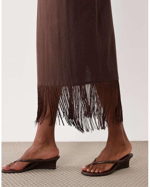 ASOS Brown Linen Look Fringe Pencil Skirt