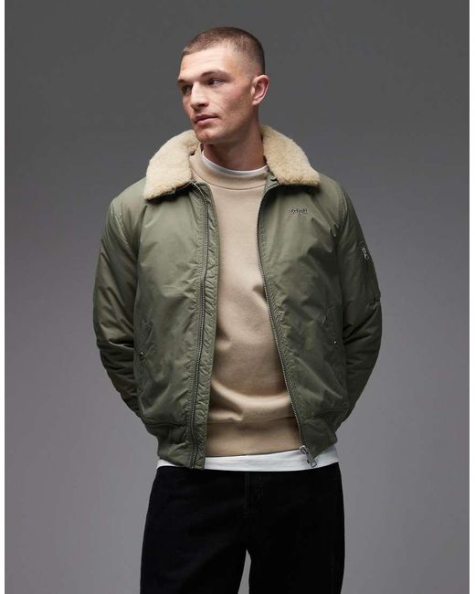 Schott Nyc Gray Logo Patch Zip Pocket Detail Cropped Padded Jacket With Faux Fur Collar for men