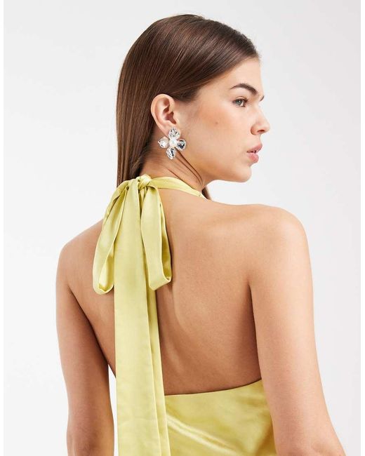 Six Stories Yellow Bridesmaid Satin Halter Neck Plunge Twist Detail Maxi Dress