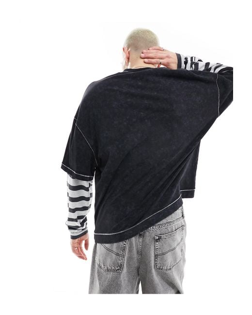 T-shirt slavato con maniche lunghe finte a righe di Collusion in Black da Uomo