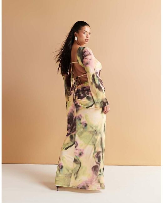 ASOS Natural Asos Design Curve Long Sleeve Mesh Maxi Dress With Double Tie Back