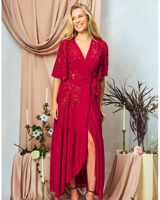 Hope & Ivy Red The Petal Embellished Flutter Sleeve Maxi Wrap Dress With Tie Waist