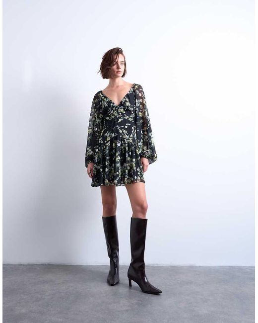 TOPSHOP Black Blouson Sleeve Mini Day Dress