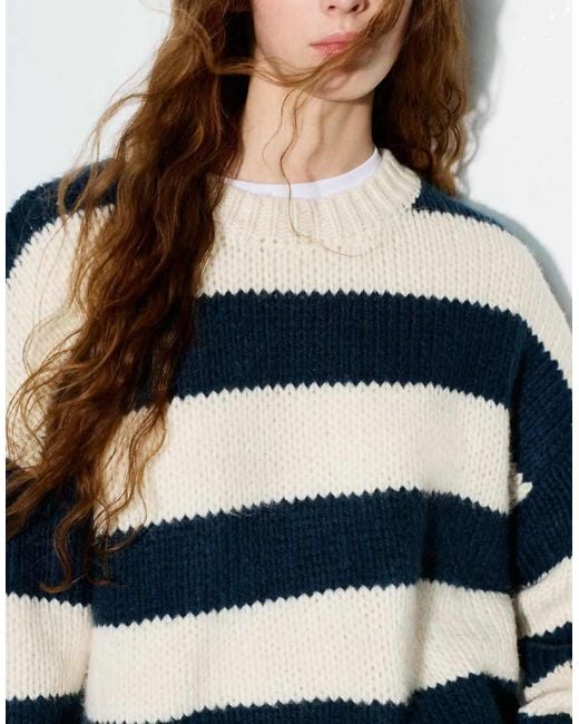 Pull&Bear Blue Chunky Striped Knit Sweater